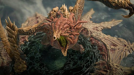 Ashava, l'un des boss mondiaux de Diablo 4, un démon pestilentiel qui ressemble à un dragon pestiféré, vomit de l'acide empoisonné de sa gueule ouverte.