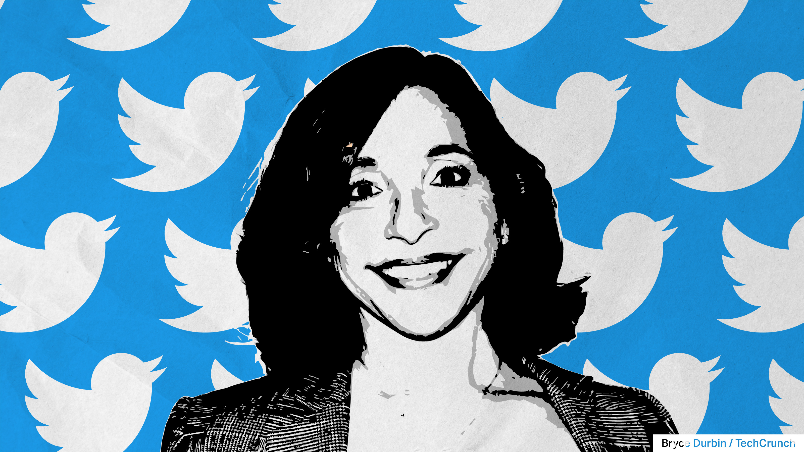 Image de Linda Yaccarino avec des oiseaux Twitter en arrière-plan, représentant le nouveau PDG de Twitter