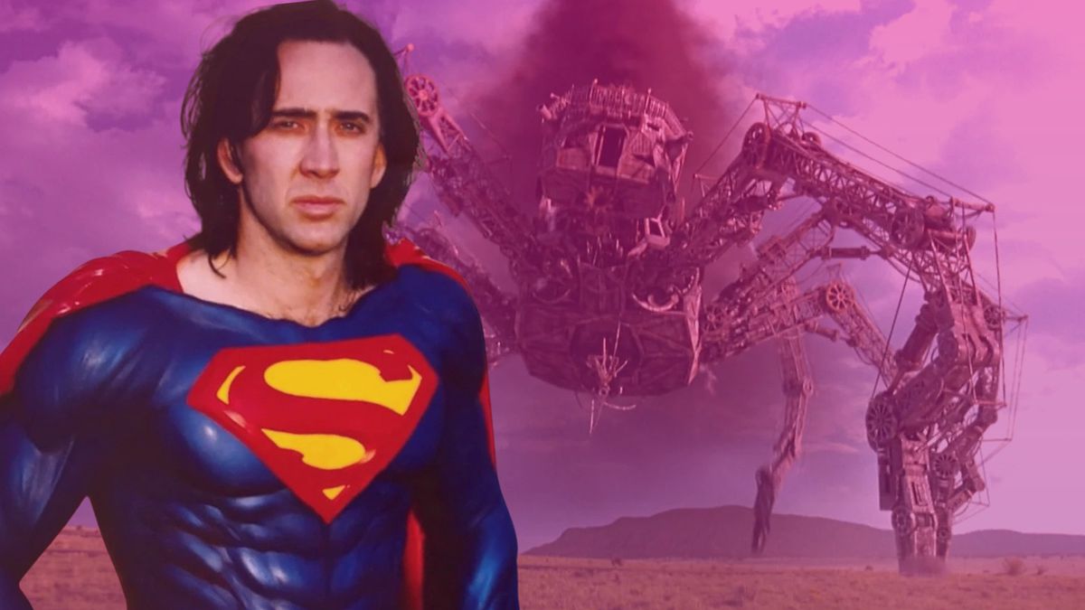 Nic Cage déguisé en Superman debout devant une araignée géante
