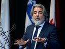 Le ministre du Patrimoine canadien, Pablo Rodriguez, prend la parole lors d'une conférence de presse pour annoncer les résultats d'investissement 2022 de Montréal International, à Montréal, le 20 février.