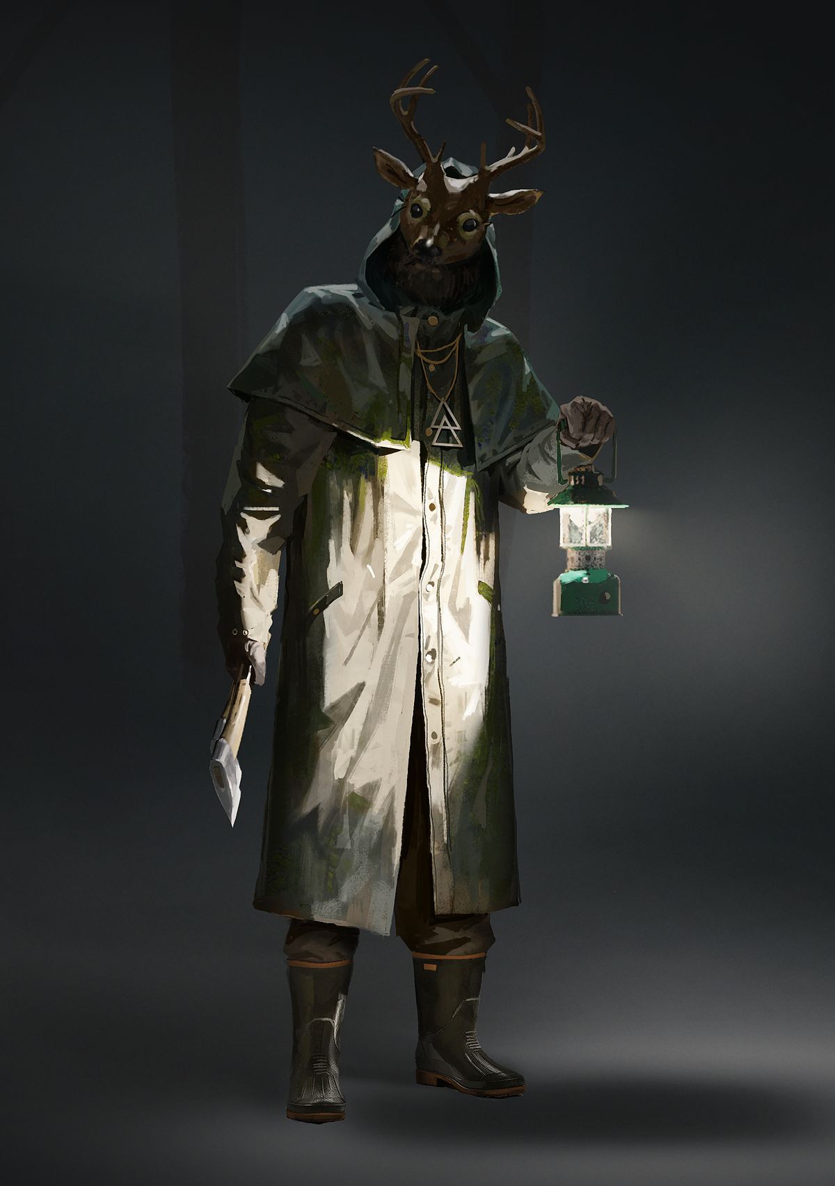 Une image d'un cultiste dans Alan Wake 2. Le cultiste porte un trench-coat beige et un cher masque avec des cornes sur la tête.  Ils tiennent une hachette dans une main et une lanterne dans l'autre.