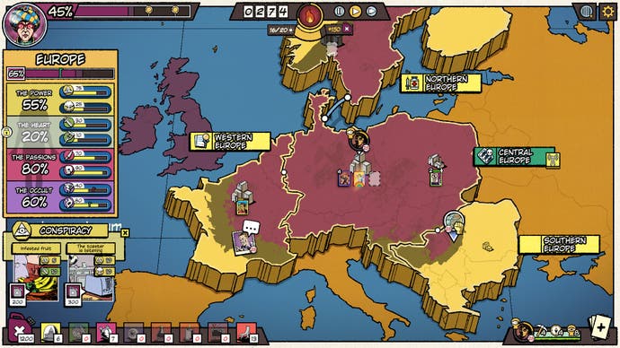 Un écran de carte de la simulation de stratégie The Fabulous Fear Machine, montrant le joueur positionnant des agents dans des villes d'Europe pour répandre un nuage violet de peur.