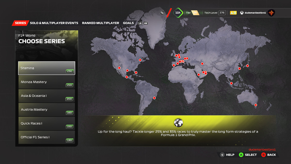 La fenêtre / menu de la série de F1 World, montrant les événements pour lesquels le joueur est qualifié et sa note «Tech Score».