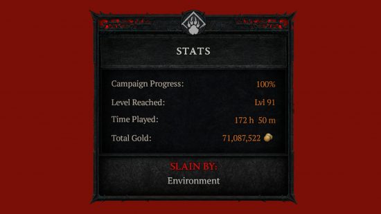 Diablo 4 - Statistiques de Quin 69 sur son Druide perdu : 100% de progression de campagne, niveau 91 atteint, 172 heures 50 minutes jouées, 71 087 522 pièces d'or gagnées.  Tué par l'environnement.