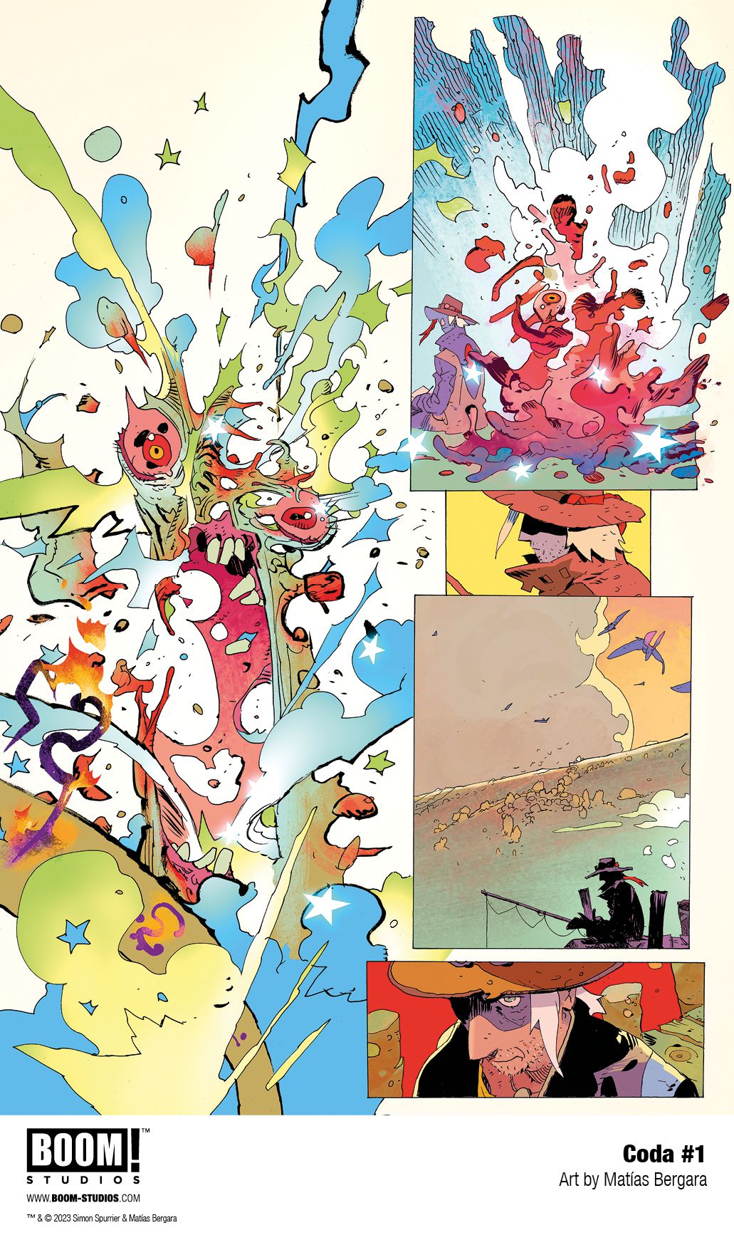 Une fée explose dans un splat rouge et Hum est assis sur un quai, dans l'art sans texte de Coda # 1 (2023). 