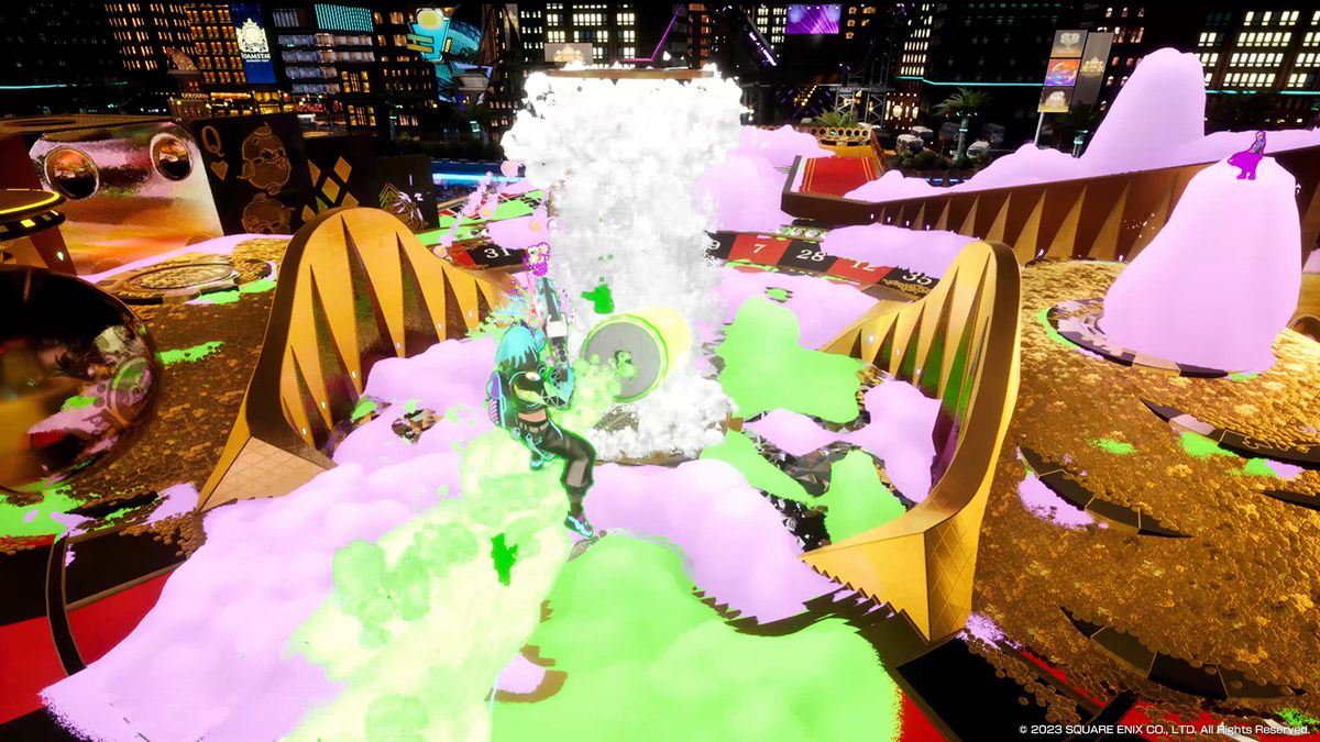 Un personnage de Foamstars saute dans les airs alors qu'il décharge une tonne de bulles du côté ennemi.  Il y a un côté bulle rose et un côté bulle de couleur verte.  Le cadre ressemble à un paysage urbain doré scintillant.