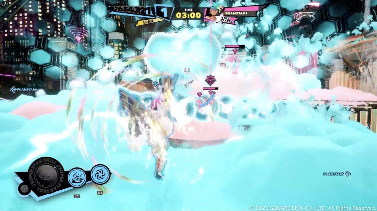 Un personnage de Foamstars lance une attaque ultime.  Tout le champ de vision est encombré de mousse et de bulles. 