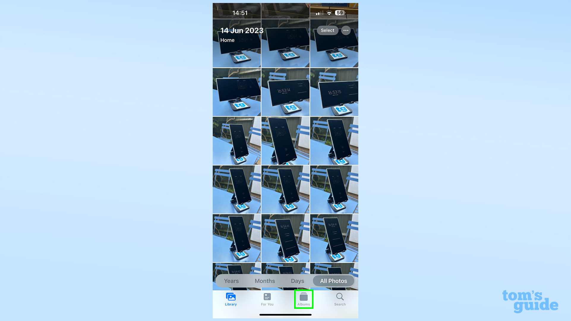 Une capture d'écran montrant où trouver l'onglet Albums dans iOS Photos