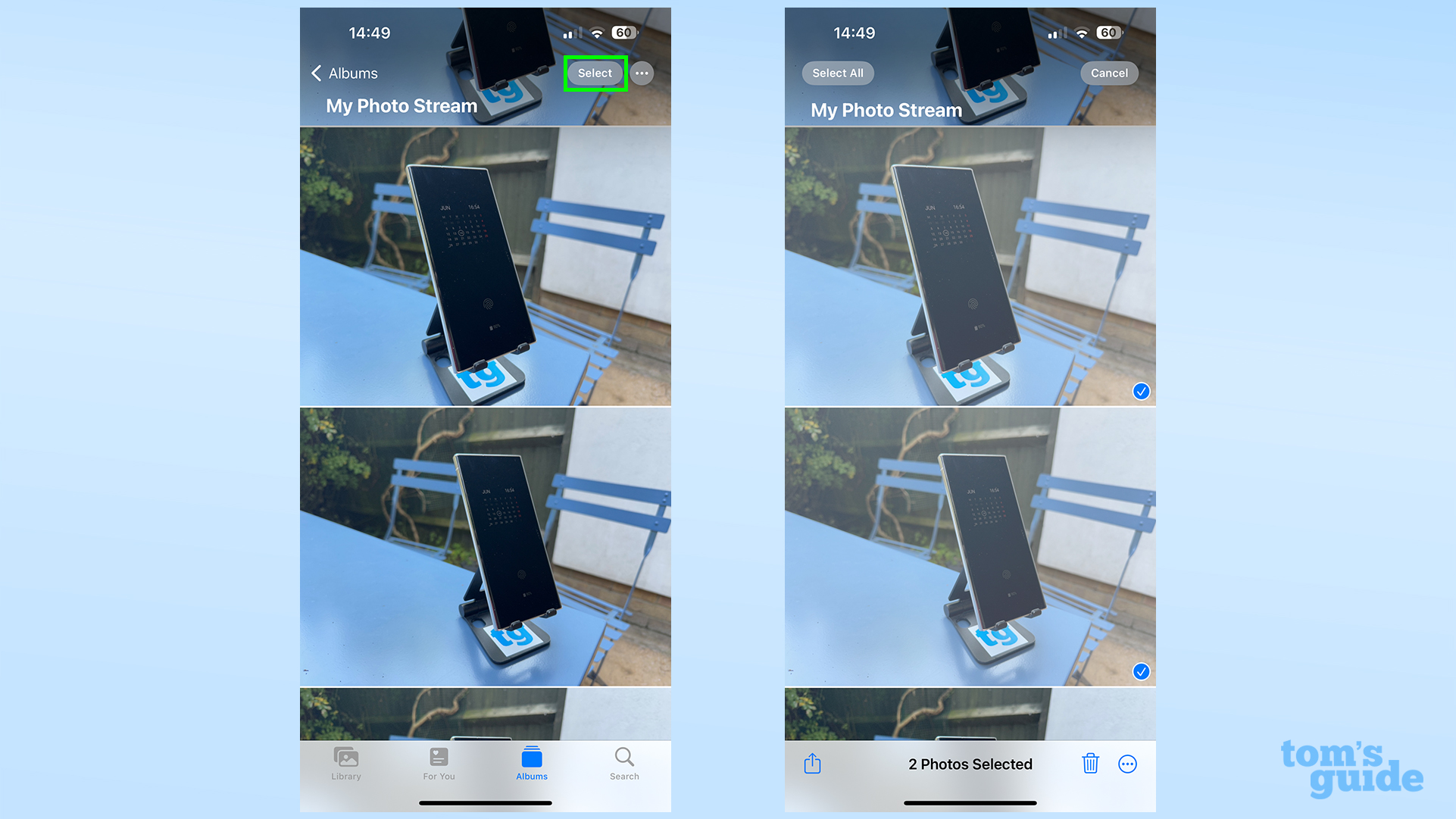 Deux captures d'écran montrant comment sélectionner plusieurs images dans l'application iOS Photos