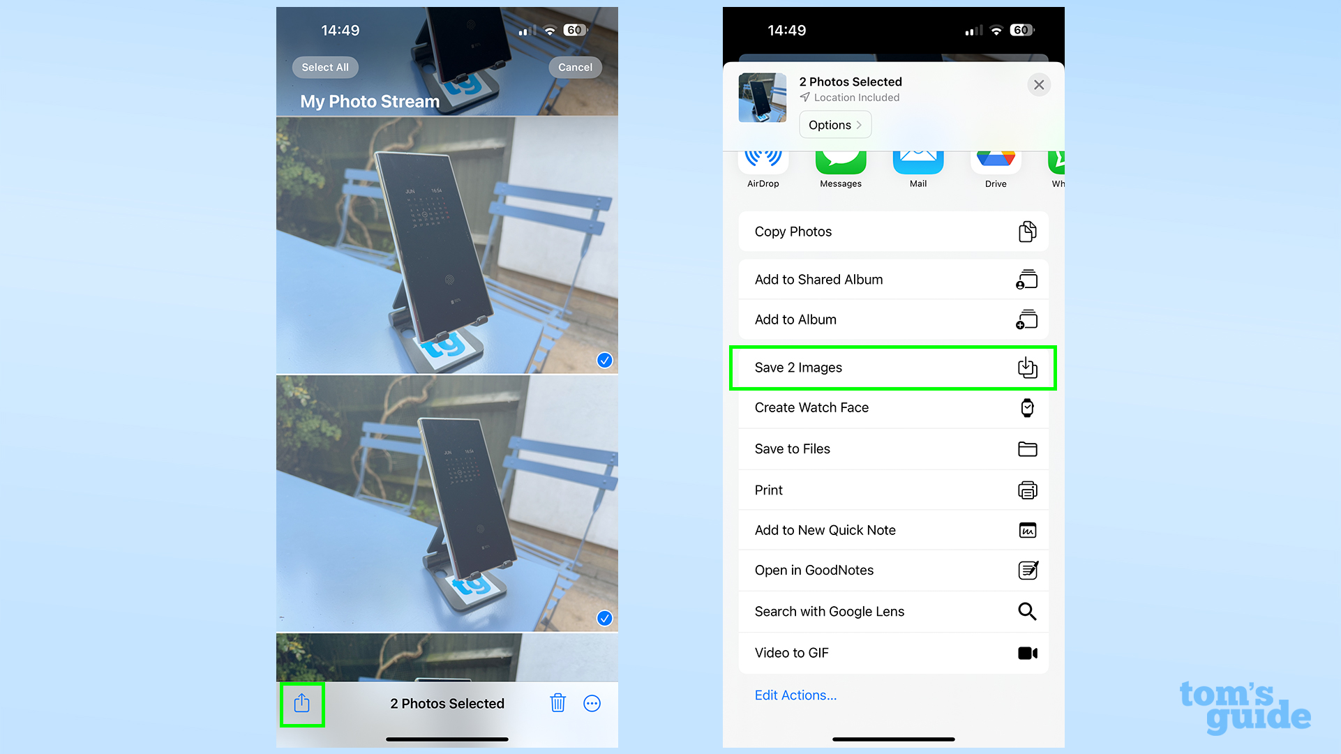 Deux captures d'écran montrant comment enregistrer les photos sélectionnées via le menu Partager sur iOS