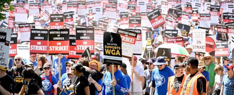 Protestors gather in support of the 2023 Writers Guild of America strike at La Brea Tar Pits in Los Angeles, California on June 21, 2023.