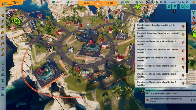 Capture d'écran de Park Beyond, montrant une vue d'ensemble d'un parc, et plusieurs notifications sur les magasins endettés