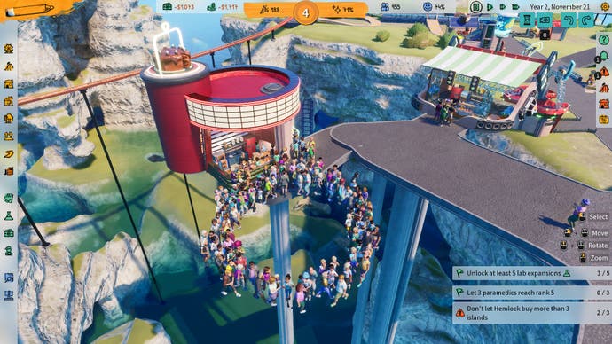 Capture d'écran de Park Beyond, montrant un cheminement douteux et des invités marchant en cercle dans les airs devant un magasin