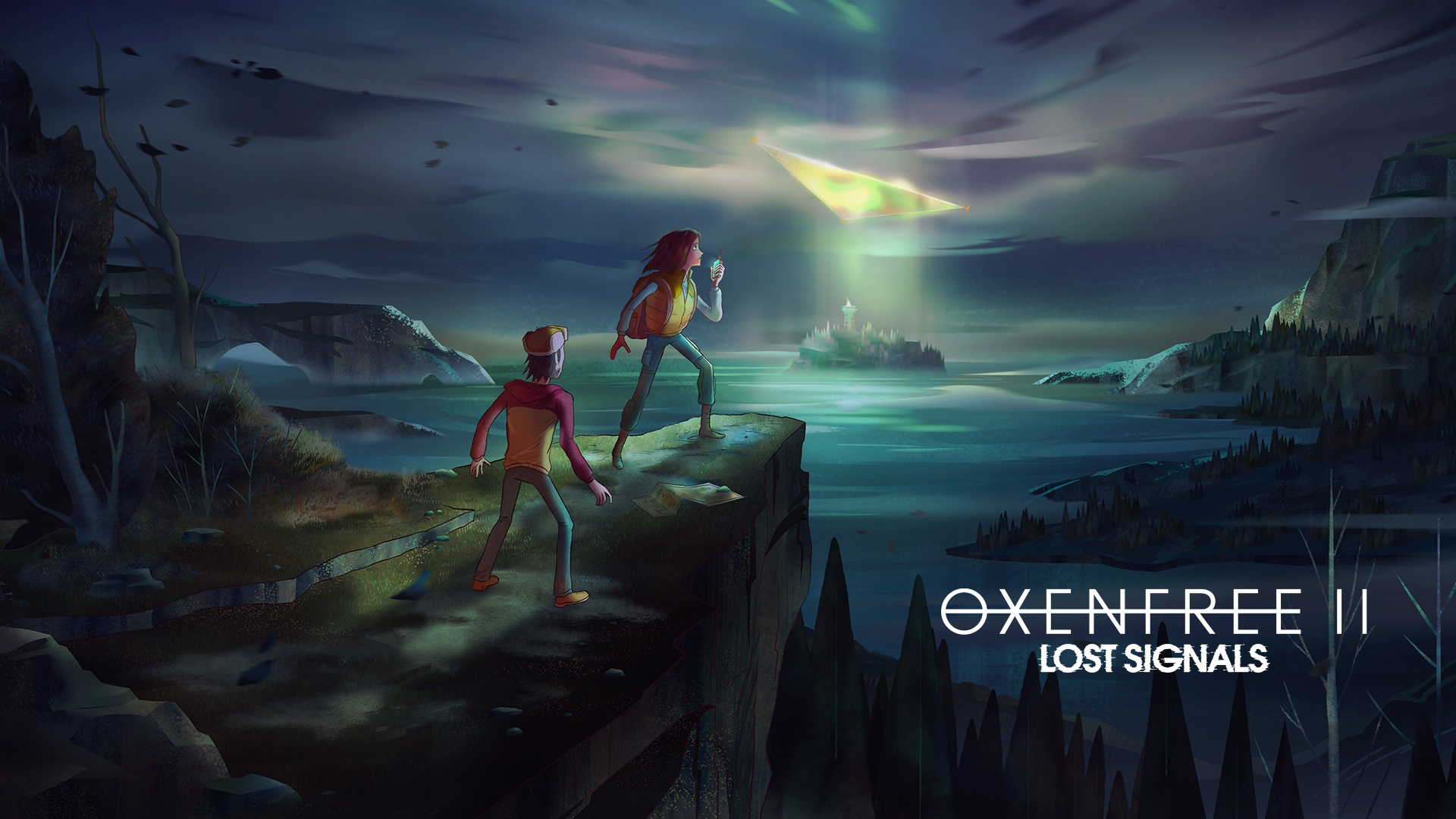 L'art clé d'Oxenfree 2 présente le protagoniste Riley et Jacob debout sur une falaise surplombant l'île Edwards avec un portail au-dessus