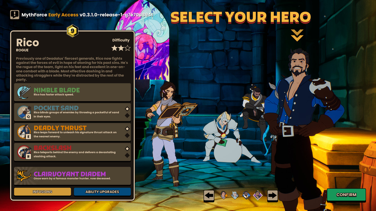 L'écran de sélection de personnage de MythForce;  la flèche pointe vers Rico le voleur et un menu met en évidence ses capacités et ses talents particuliers.