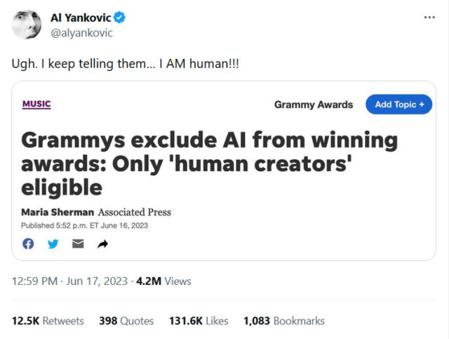 Un tweet de Weird Al Yankovic sur les nouvelles règles AI Grammy.
