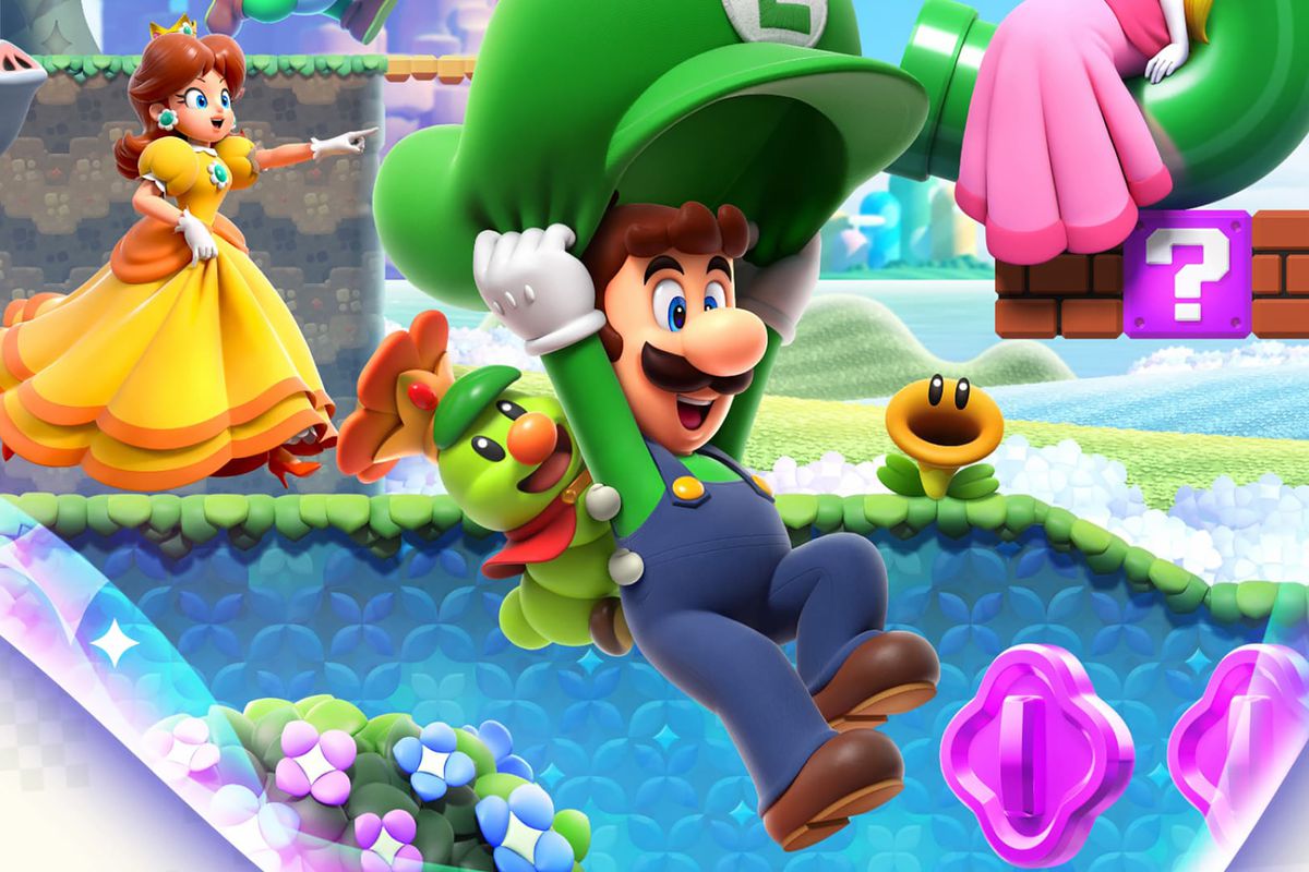 Luigi, flottant tout en tenant un chapeau vert géant de Luigi, a une créature souriante ressemblant à une chenille sur le dos dans une illustration de Super Mario Bros. Wonder
