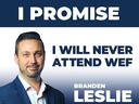 Image de campagne émise par le candidat conservateur à l'élection partielle Branden Leslie dans laquelle il promet de ne pas 