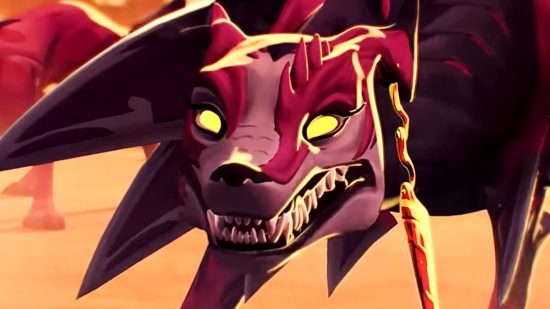 League of Legends Naafiri - un chien cramoisi au visage de crâne avec des yeux jaunes brillants et des poignards jaillissant de ses épaules.