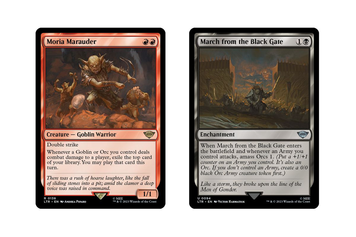 Une image montrant Moria Marauder et March from the Black Gate Magic: the Gathering cartes côte à côte.