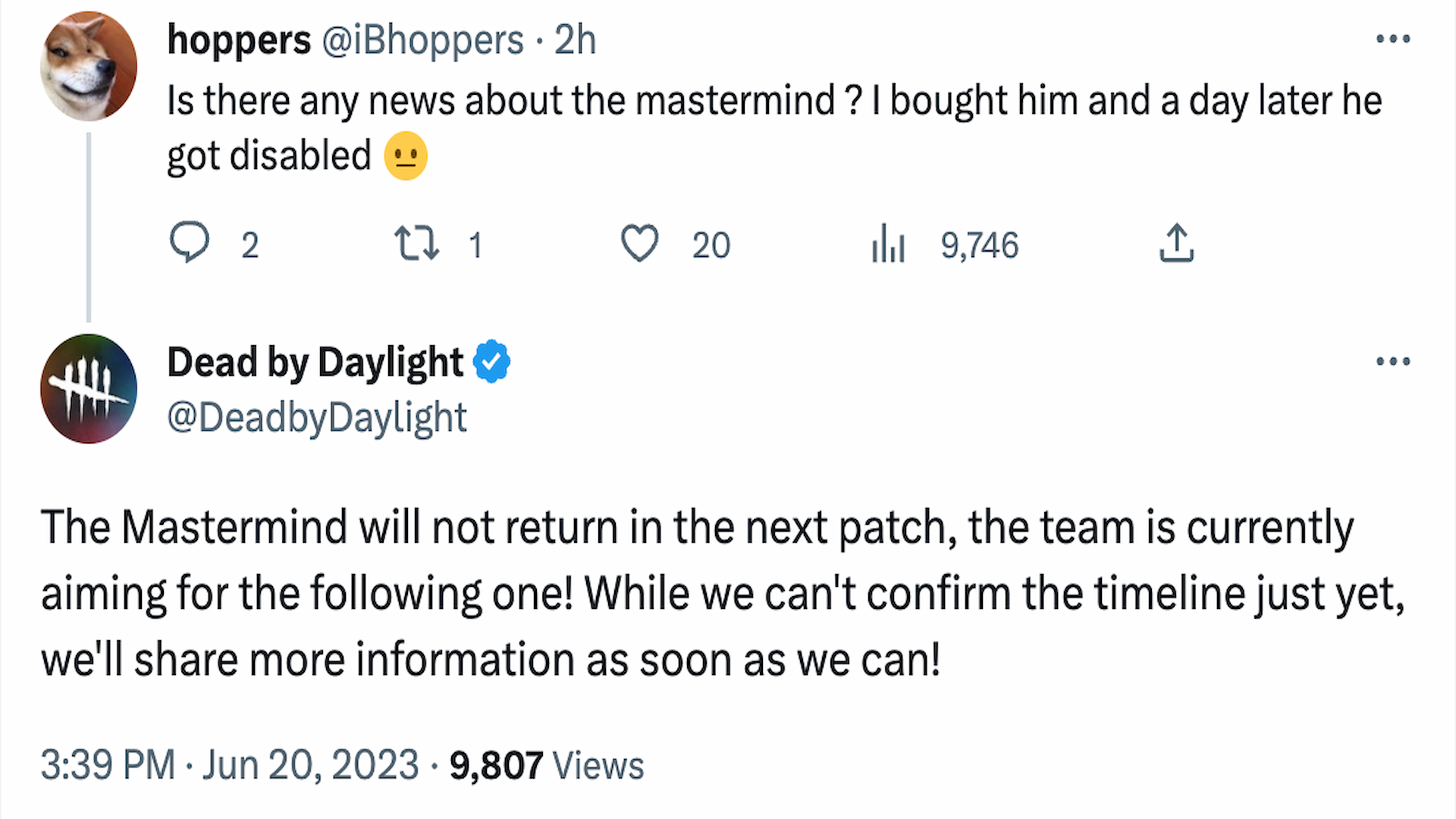 Les développeurs de DBD répondent à un Tweet demandant le retour de Mastermind dans lequel ils déclarent qu'il ne viendra pas avec ce patch