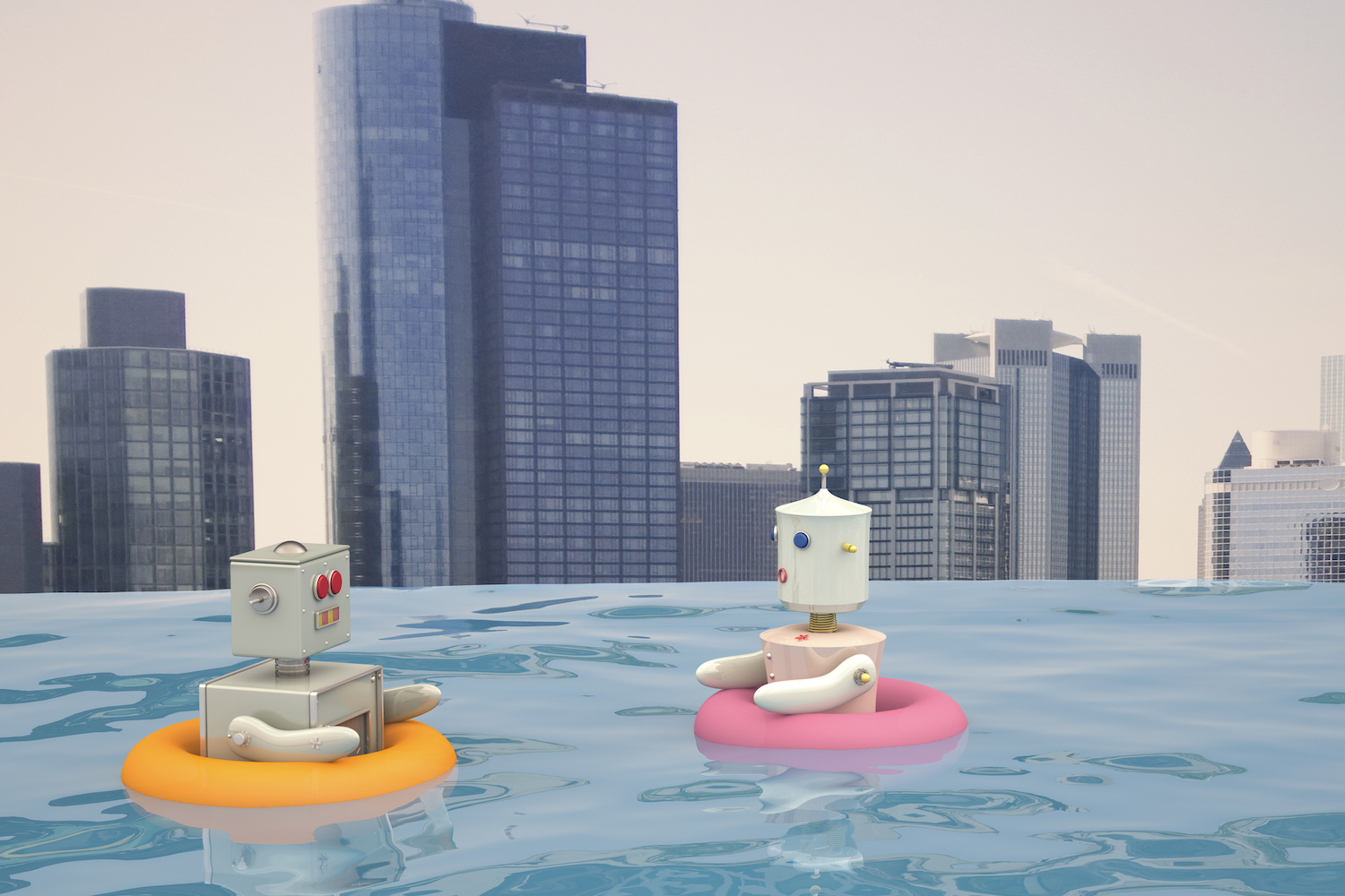 Robot mâle et femelle avec pneus flottants nageant dans la piscine devant les toits de la ville, rendu 3D