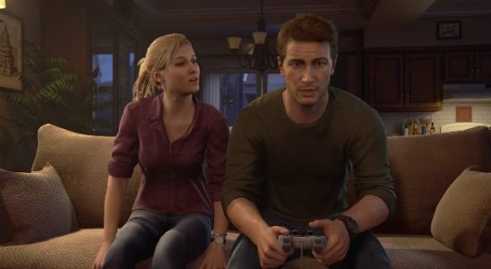 Uncharted 4, Drake gaming on the couch with a friend as an adult gamer.