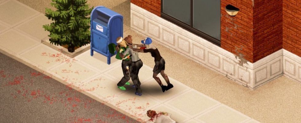 Project Zomboid - A player on a city sidewalk is attacked by two zombies.