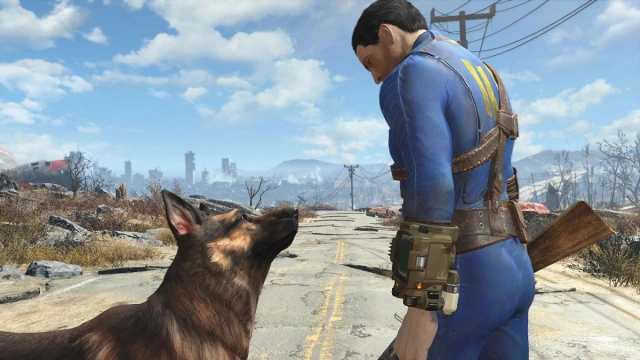 Fallout 4: The Sole Survivor regardant Dogmeat.