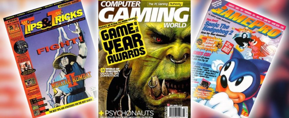 three old gamign magazine covers, Gamepro, tips & tricks, and computer gaming world
