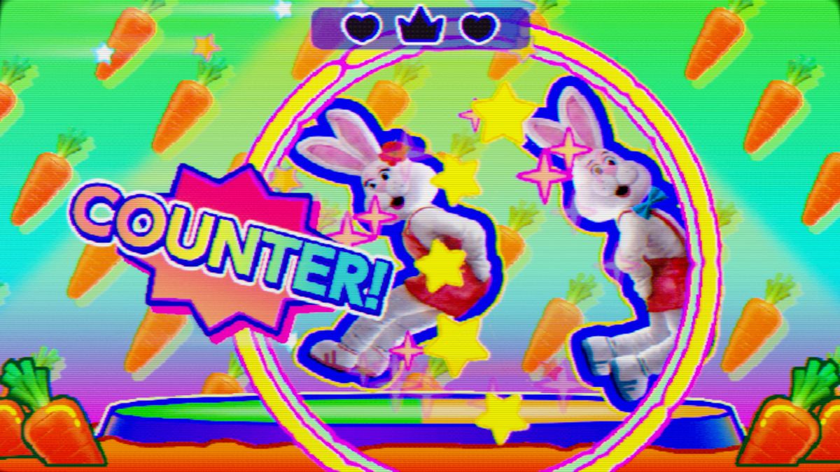 Un personnage en costume de lapin fait tomber un autre lapin d'une petite scène dans une capture d'écran de Everybody 1-2-Switch