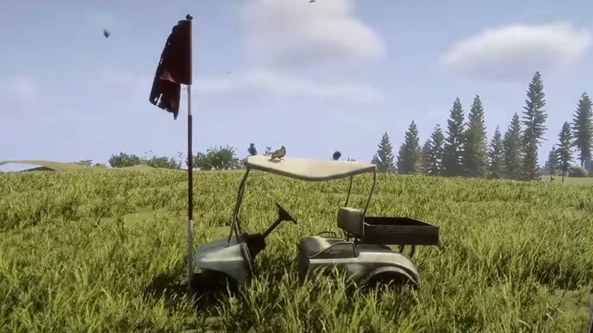 Une voiturette de golf blanche se trouve sur un terrain herbeux à Sons of the Forest