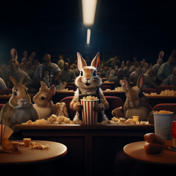 Un lapin assis sur un siège en train de manger du pop-corn dans un cinéma plein d'animaux à 2x Zoom.