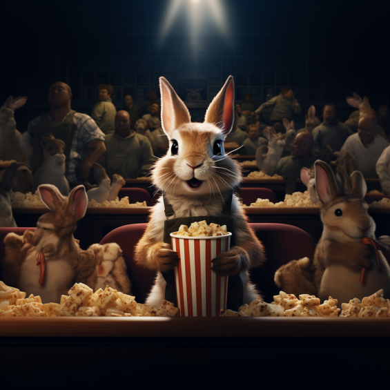 Un lapin assis sur un siège en train de manger du pop-corn dans un cinéma plein d'animaux avec un zoom 1,5x.