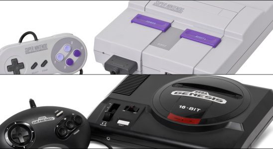 A split image depicts the Super Nintendo and Sega Genesis consoles.