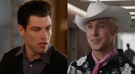 From left to right: Schmidt in New Girl looking distraught and Ryan Gosling as Ken in a cowboy hat.