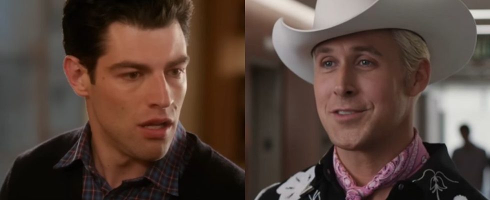 From left to right: Schmidt in New Girl looking distraught and Ryan Gosling as Ken in a cowboy hat.