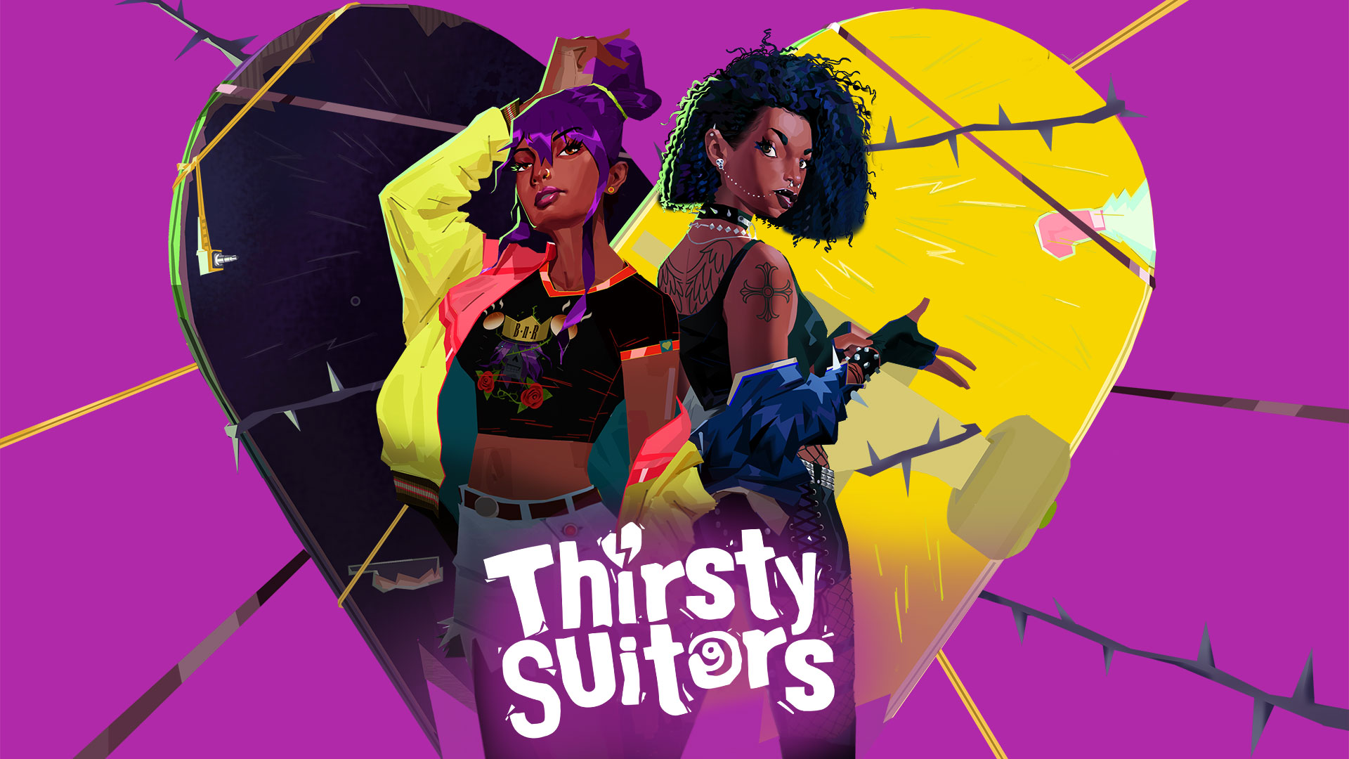 Illustration clé élégante de Thirsty Suitors avec le logo des jeux et deux personnages importants