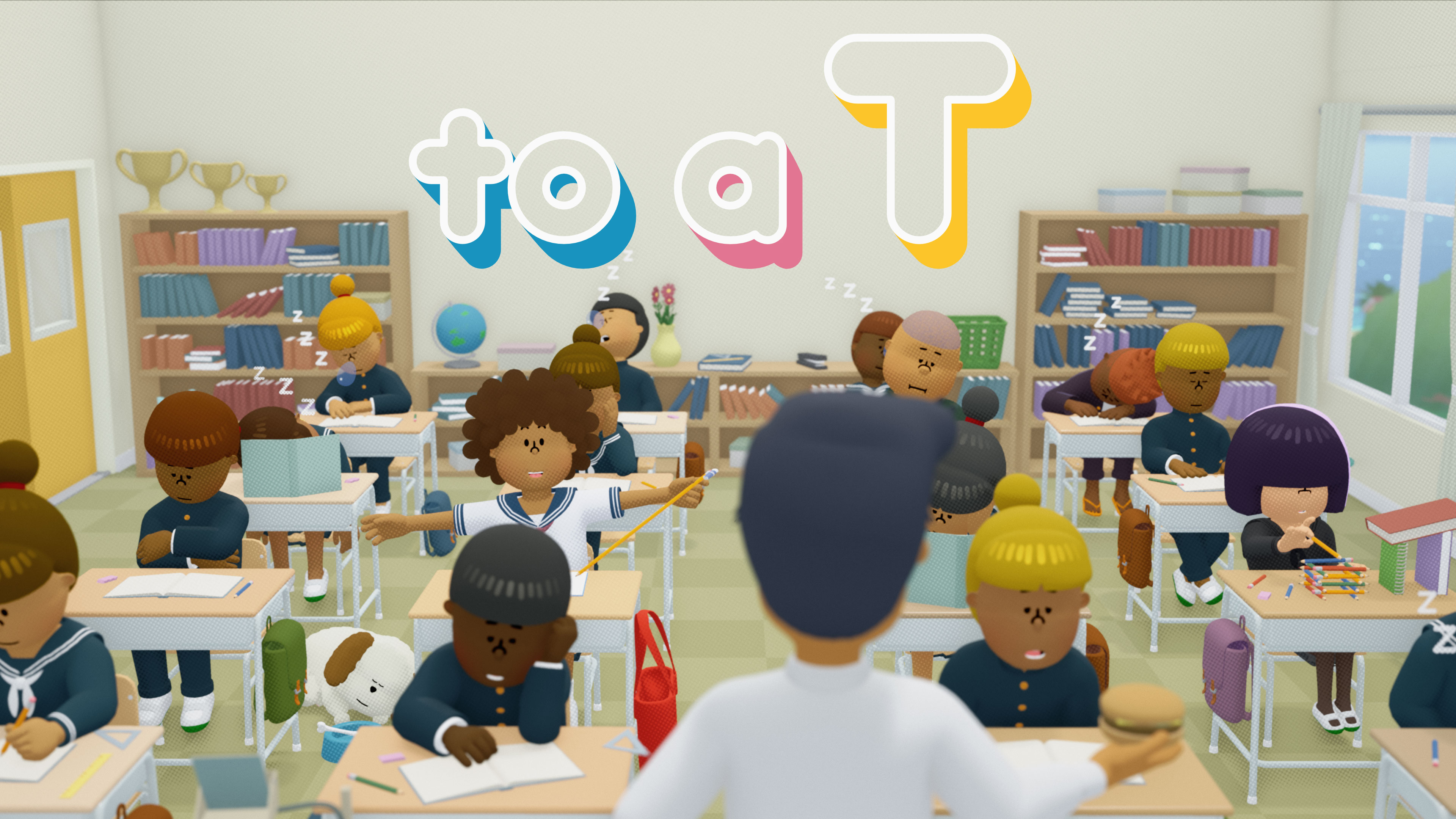 à une illustration en T avec le logo du jeu et des personnages charmants dans une salle de classe