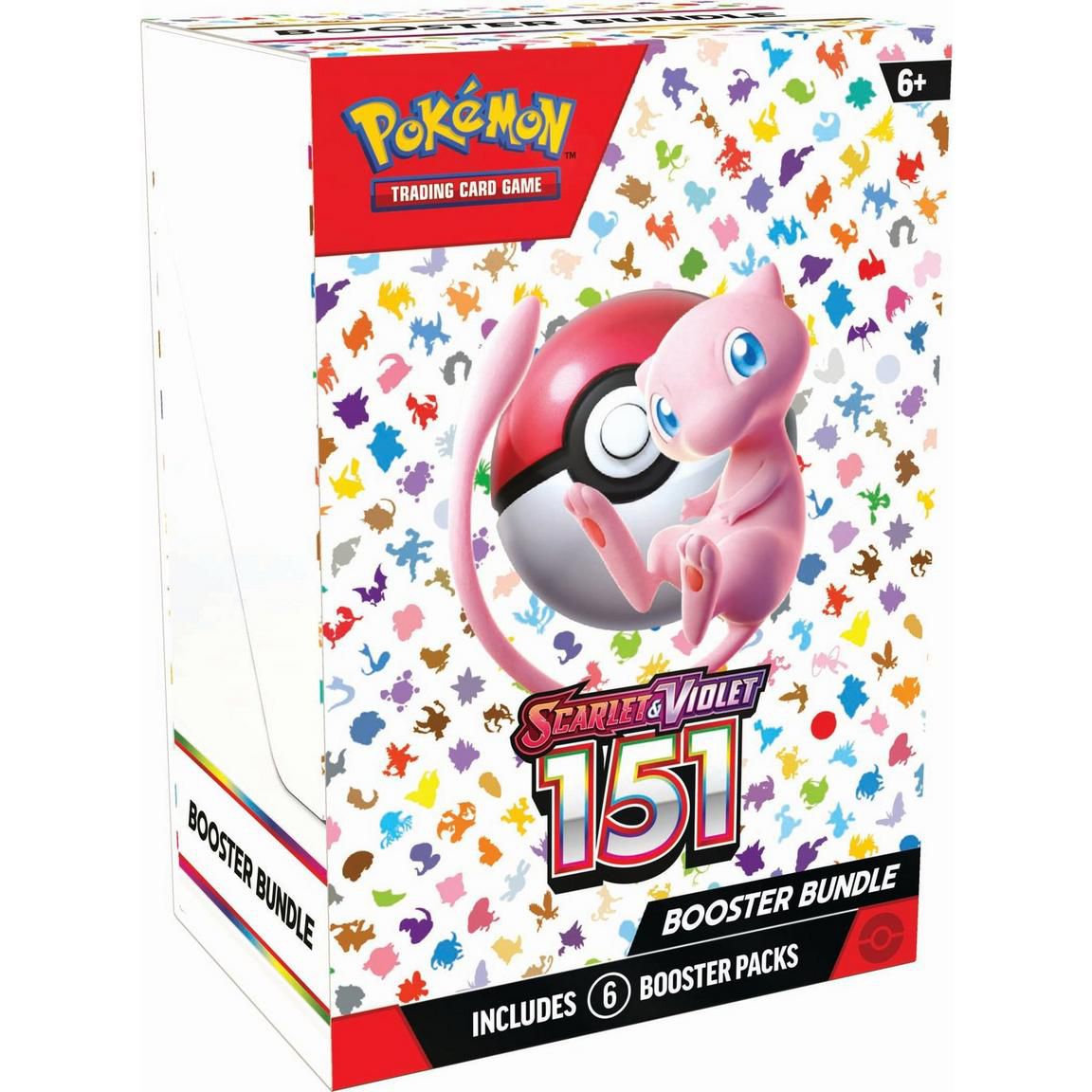 Une petite boîte de Pokémon Scarlet et Violet : 151 boosters Collection TCG avec Mew et de nombreuses autres silhouettes Pokémon sur le devant de la boîte.