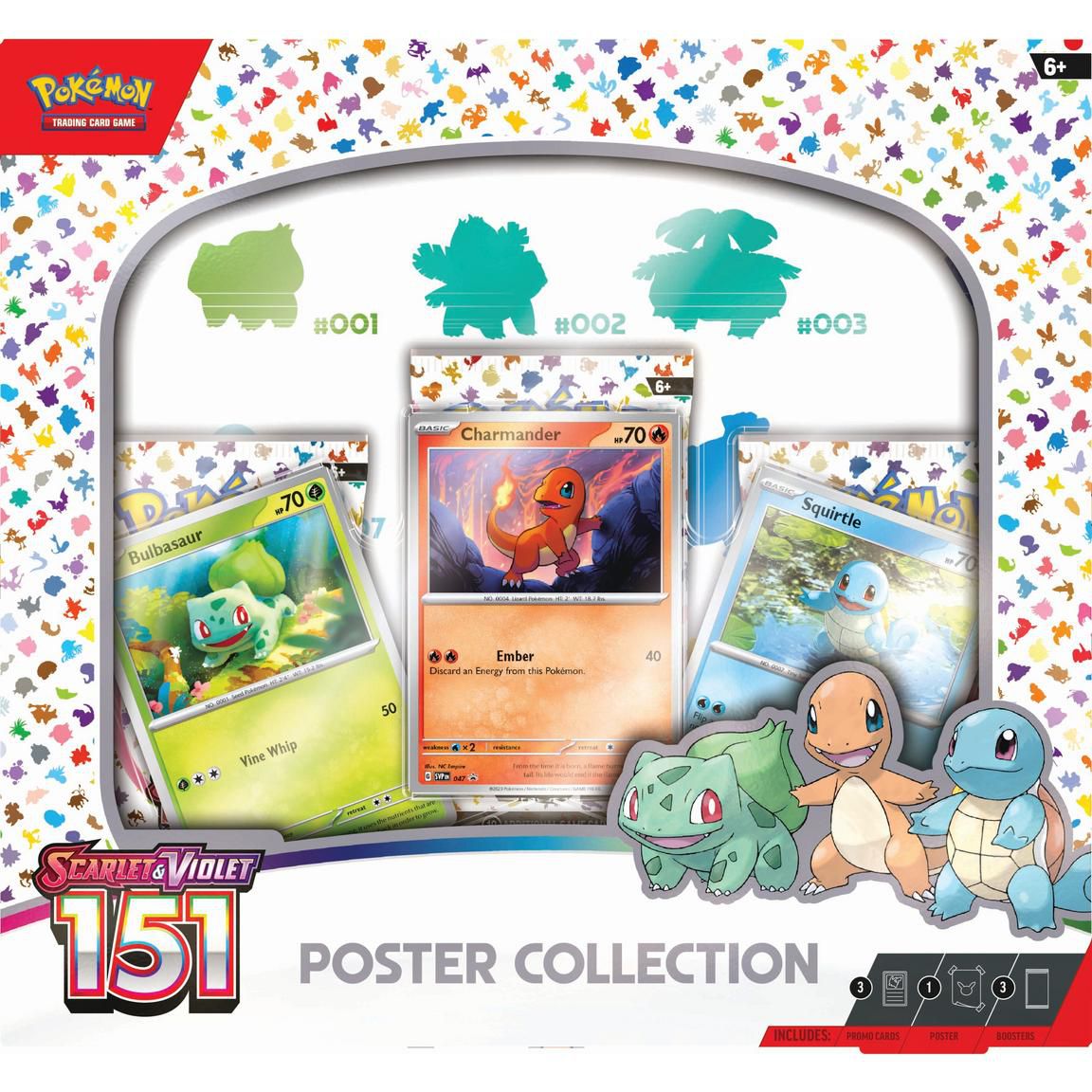Une boîte de la collection d'affiches de Pokémon Scarlet et Violet : 151 Collection TCG, comprenant trois cartes de Bulbasaur, Charmander et Squirtle.