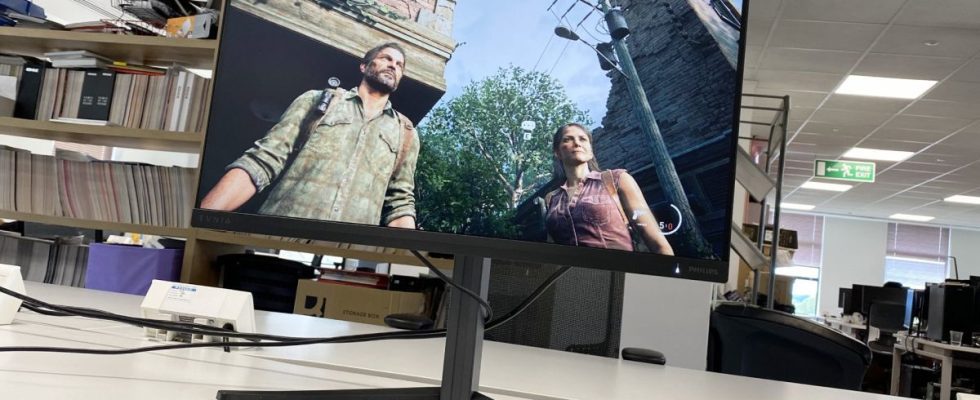 Philips Evnia 25M2N5200P in the GamesRadar office displaying a scene from The Last of Us