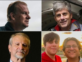 Cette combinaison d'images créée le 21 juin 2023 montre les passagers du submersible Titan (de gauche à droite, de haut en bas) Hamish Harding, Stockton Rush, Paul-Henri Nargeolet, Suleman Dawood et son père Shahzada Dawood.