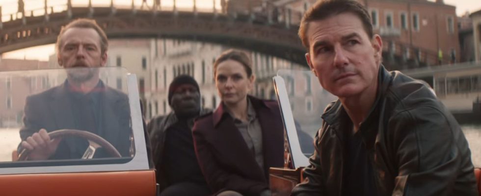 Simon Pegg, Ving Rhames, Rebecca Ferguson, and Tom Cruise sailing on a boat in Mission Impossible Dead Reckoning Part One.