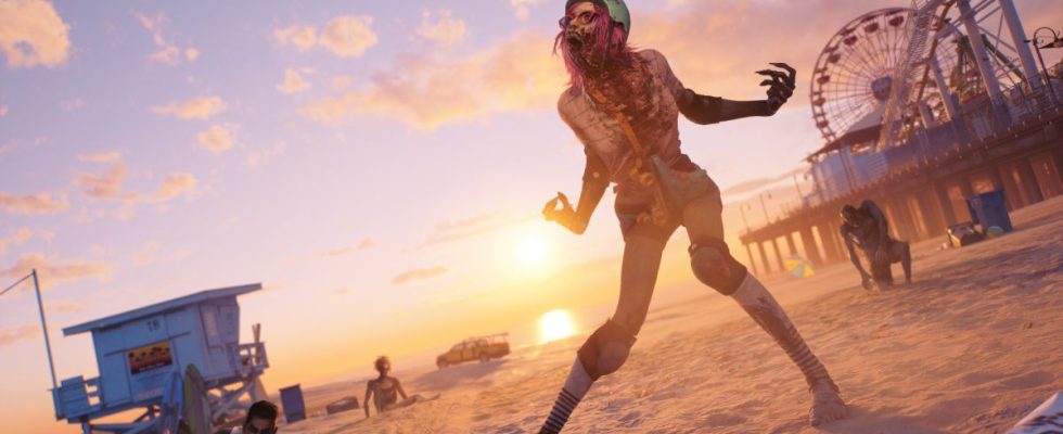 A zombie screaming on the beach at sunset