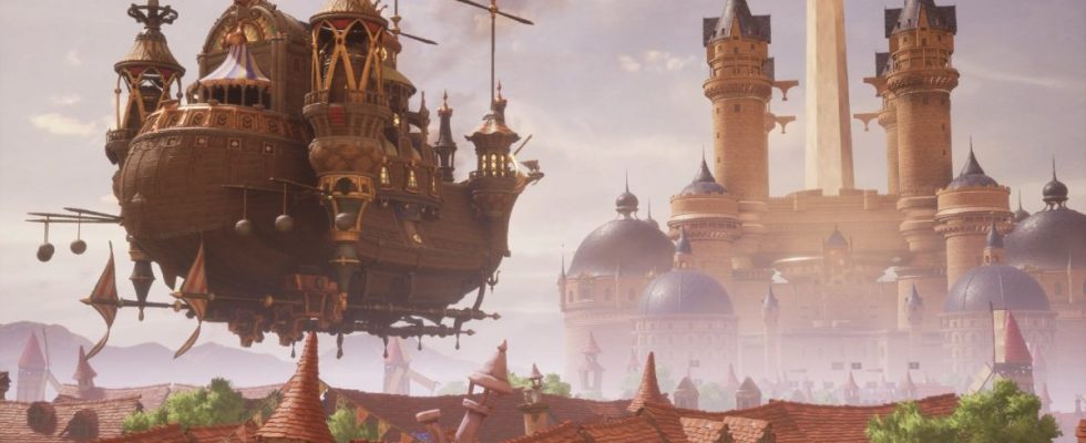 A floating ship heads towards Alexandria in Final Fantasy 9
