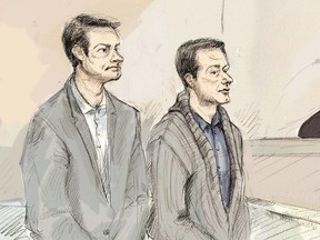 Dellen Millard, à gauche, et Mark Smich comparaissent devant le juge Andrew J. Goodman à Hamilton, en Ontario.  le lundi 18 janvier 2016.