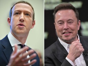 Le directeur général de Meta Platforms, Mark Zuckerberg, à gauche et le directeur général de Twitter, Elon Musk, à droite.