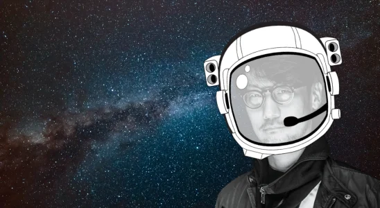 Image of Hideo Kojima wearing a cartoon space helmet while he floats around in the cosmos.
