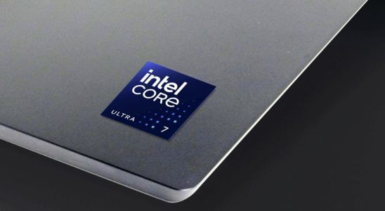 Intel new Core Ultra branding on a laptop badge.